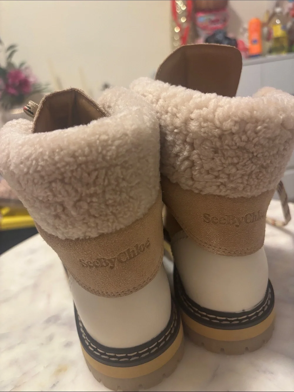 See By Chloe Suede Sherpa-Lined Hiker Boots - Beige